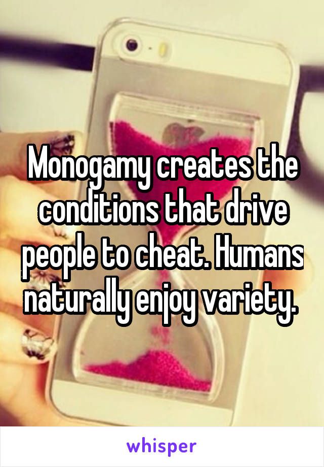 Monogamy creates the conditions that drive people to cheat. Humans naturally enjoy variety. 