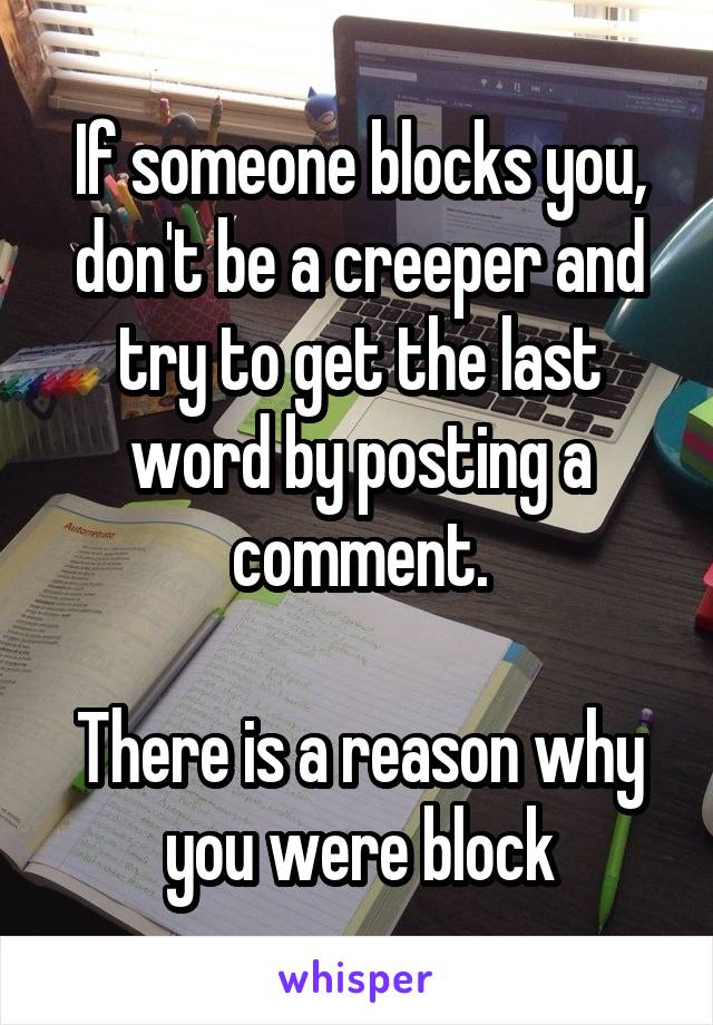 If someone blocks you, don't be a creeper and try to get the last word by posting a comment.

There is a reason why you were block