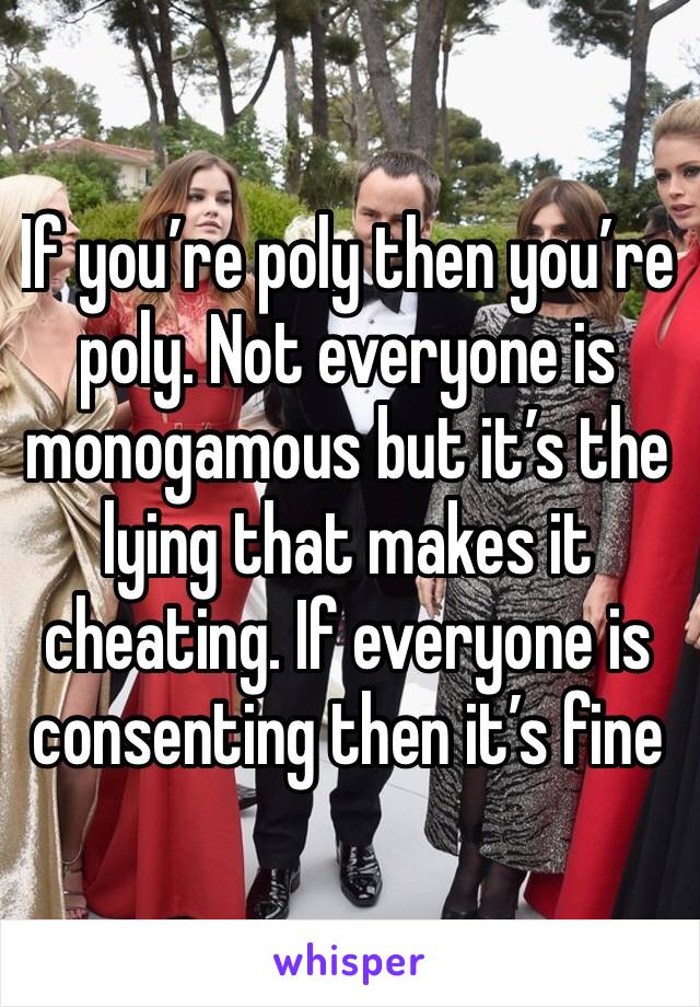 If you’re poly then you’re poly. Not everyone is monogamous but it’s the lying that makes it cheating. If everyone is consenting then it’s fine 