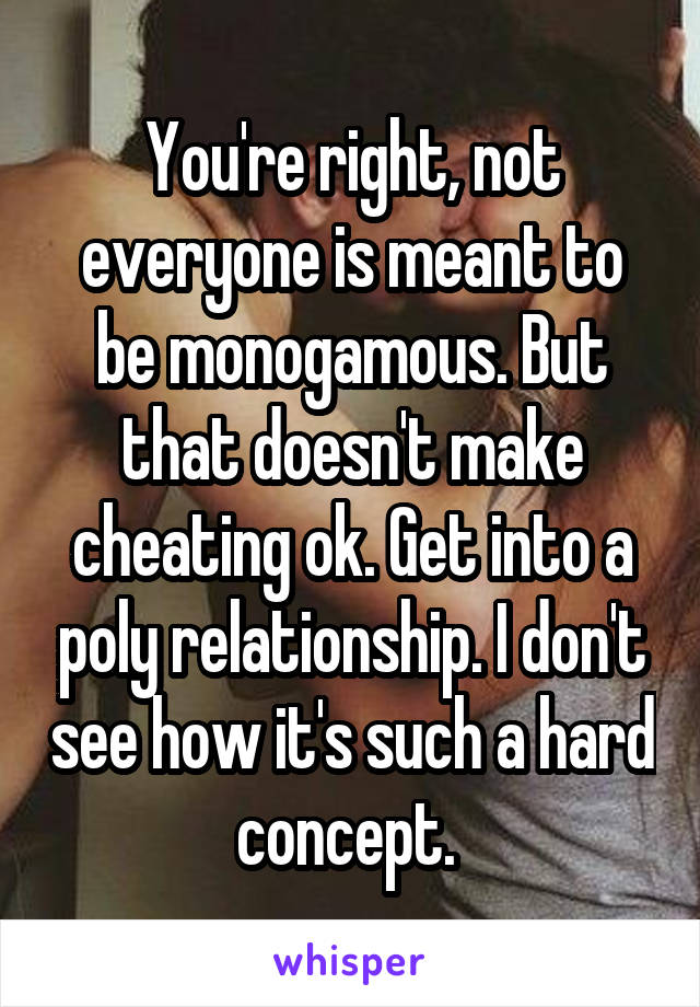 You're right, not everyone is meant to be monogamous. But that doesn't make cheating ok. Get into a poly relationship. I don't see how it's such a hard concept. 