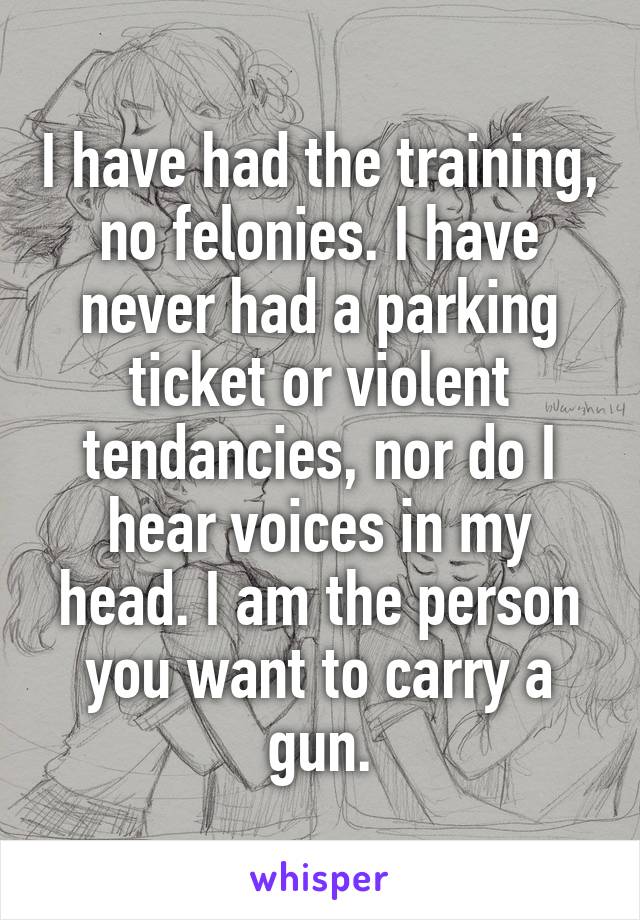 I have had the training, no felonies. I have never had a parking ticket or violent tendancies, nor do I hear voices in my head. I am the person you want to carry a gun.