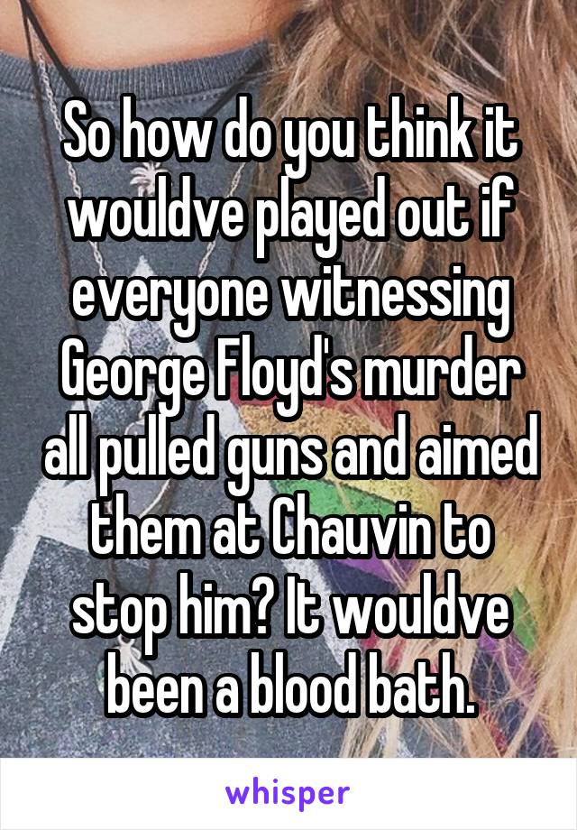 So how do you think it wouldve played out if everyone witnessing George Floyd's murder all pulled guns and aimed them at Chauvin to stop him? It wouldve been a blood bath.