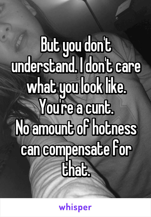 But you don't understand. I don't care what you look like. You're a cunt.
No amount of hotness can compensate for that.