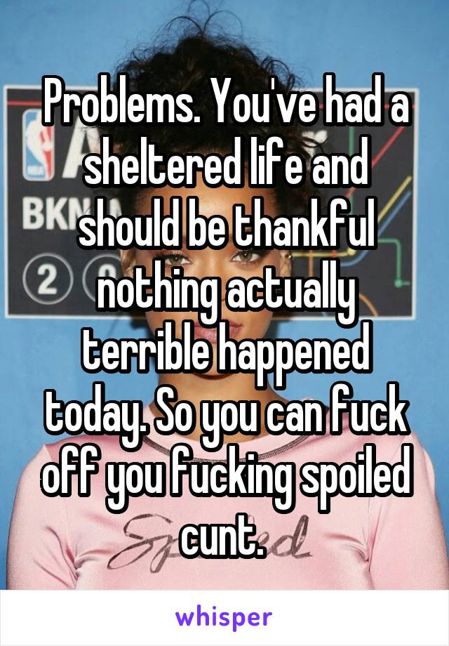 Problems. You've had a sheltered life and should be thankful nothing actually terrible happened today. So you can fuck off you fucking spoiled cunt. 