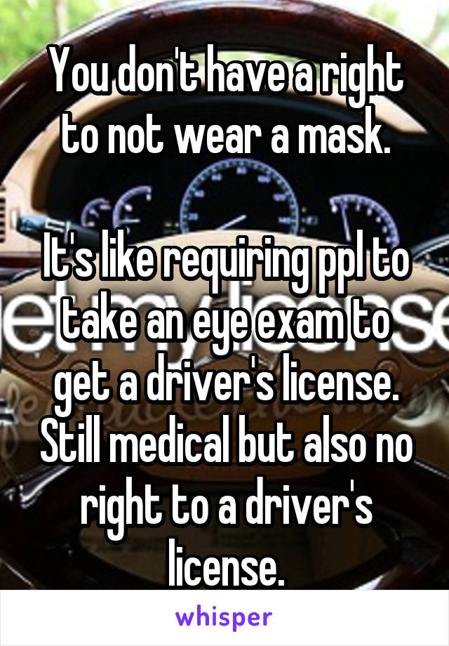 You don't have a right to not wear a mask.

It's like requiring ppl to take an eye exam to get a driver's license. Still medical but also no right to a driver's license.