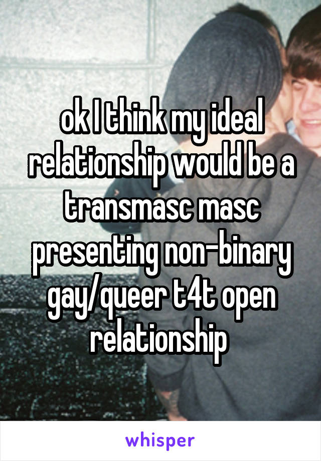 ok I think my ideal relationship would be a transmasc masc presenting non-binary gay/queer t4t open relationship 