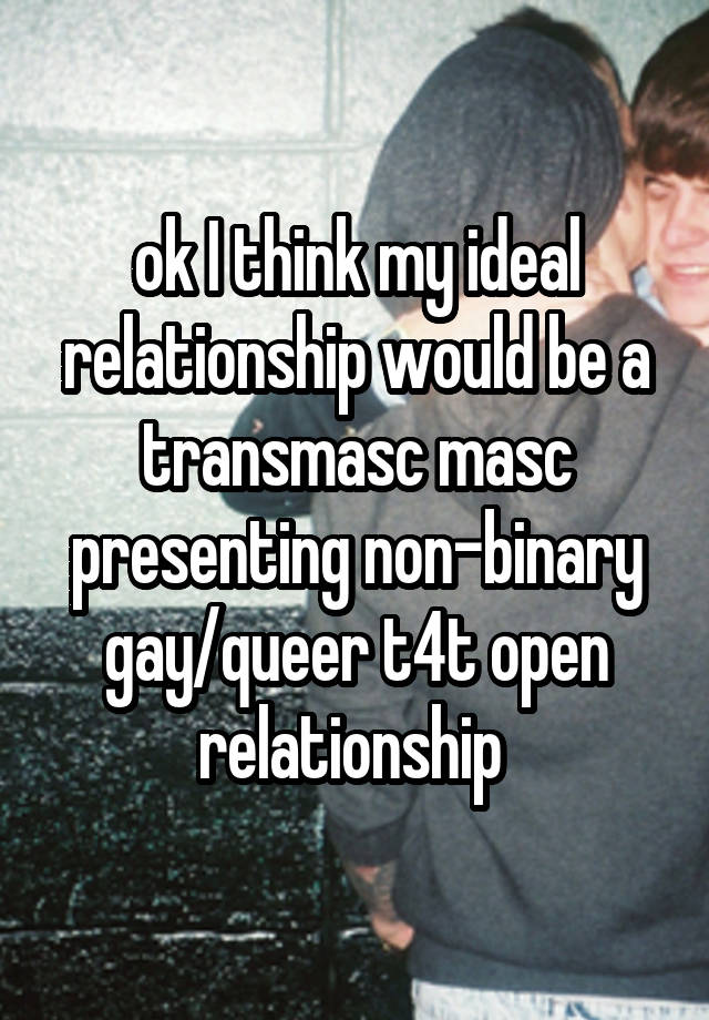 ok I think my ideal relationship would be a transmasc masc presenting non-binary gay/queer t4t open relationship 