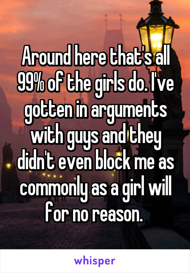 Around here that's all 99% of the girls do. I've gotten in arguments with guys and they didn't even block me as commonly as a girl will for no reason. 