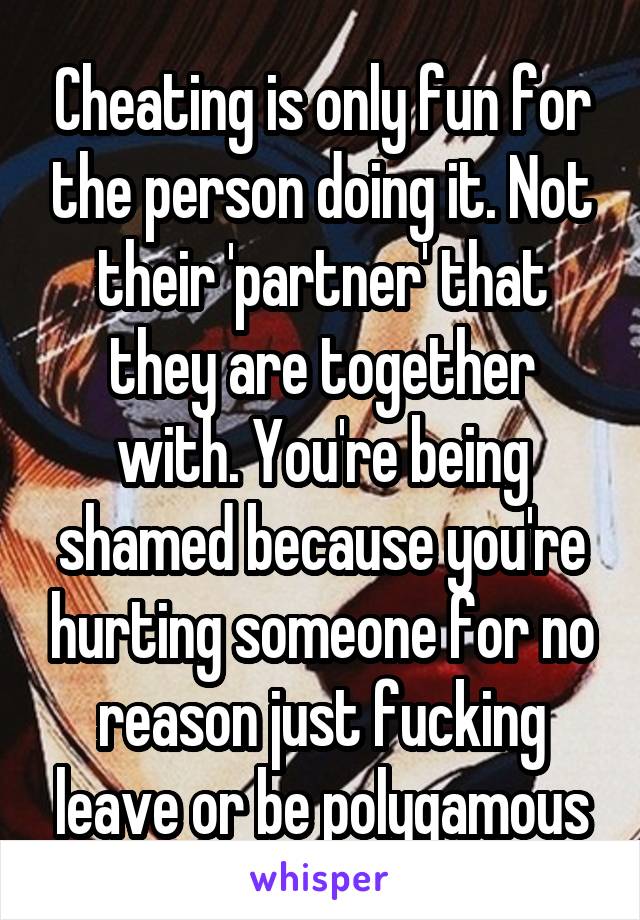 Cheating is only fun for the person doing it. Not their 'partner' that they are together with. You're being shamed because you're hurting someone for no reason just fucking leave or be polygamous