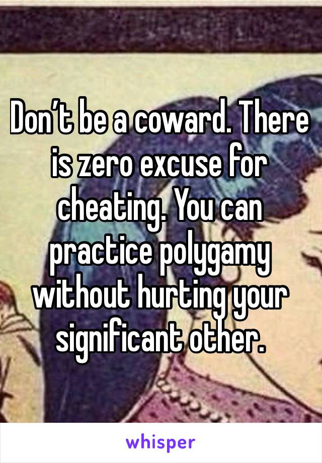 Don’t be a coward. There is zero excuse for cheating. You can practice polygamy without hurting your significant other. 