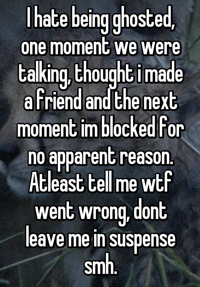 I hate being ghosted, one moment we were talking, thought i made a friend and the next moment im blocked for no apparent reason. Atleast tell me wtf went wrong, dont leave me in suspense smh.