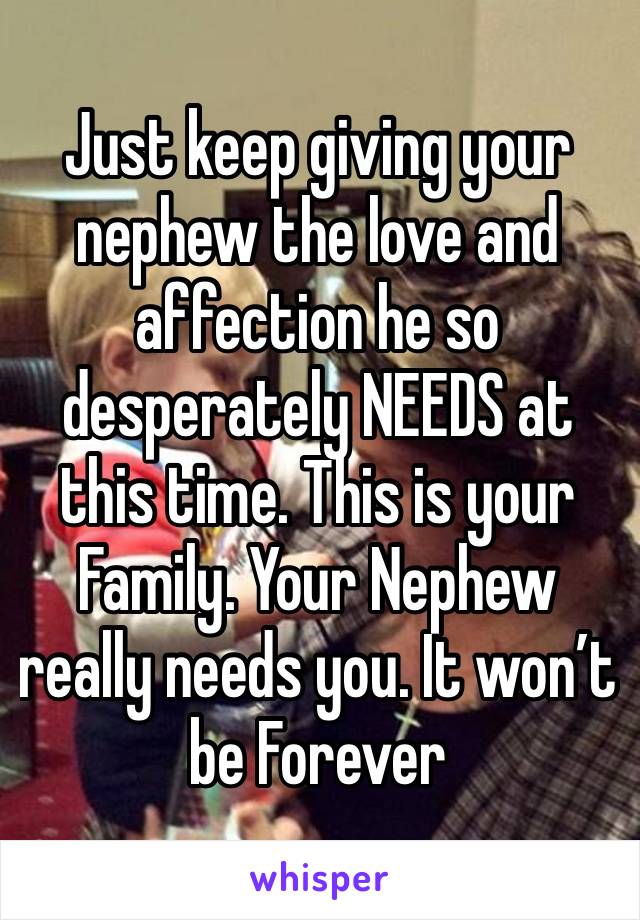 Just keep giving your nephew the love and affection he so desperately NEEDS at this time. This is your Family. Your Nephew really needs you. It won’t be Forever 