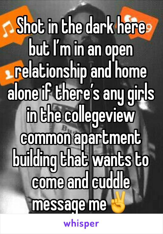 Shot in the dark here but I’m in an open relationship and home alone if there’s any girls in the collegeview common apartment building that wants to come and cuddle message me✌️