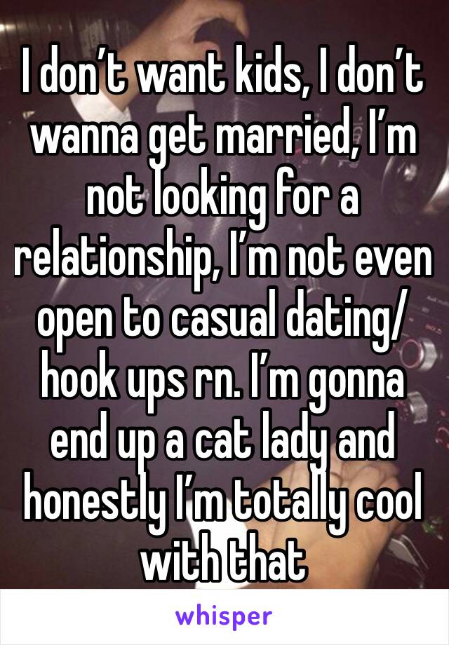 I don’t want kids, I don’t wanna get married, I’m not looking for a relationship, I’m not even open to casual dating/hook ups rn. I’m gonna end up a cat lady and honestly I’m totally cool with that 