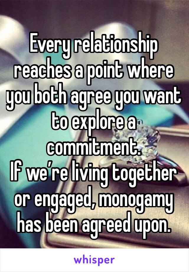 Every relationship reaches a point where you both agree you want to explore a commitment.
If we’re living together or engaged, monogamy has been agreed upon.