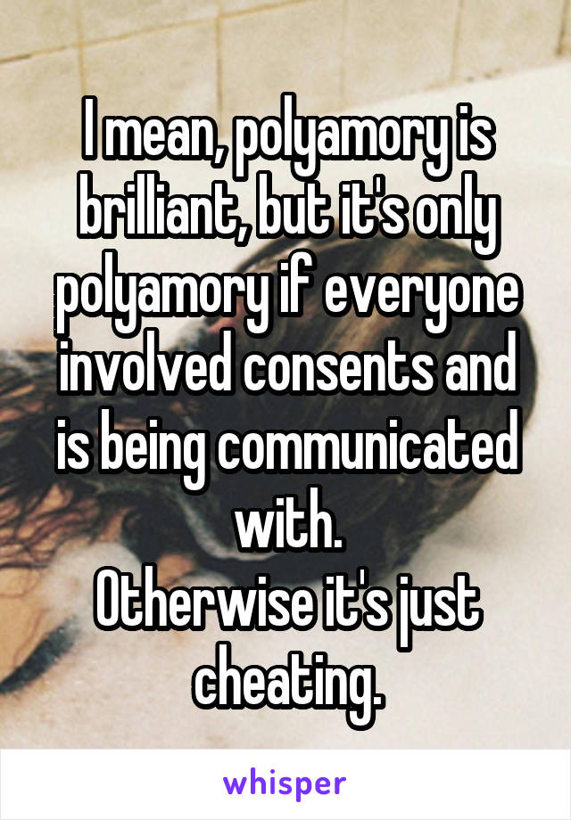 I mean, polyamory is brilliant, but it's only polyamory if everyone involved consents and is being communicated with.
Otherwise it's just cheating.