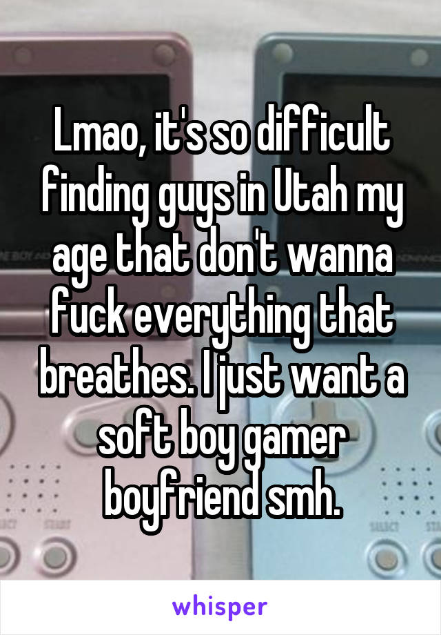 Lmao, it's so difficult finding guys in Utah my age that don't wanna fuck everything that breathes. I just want a soft boy gamer boyfriend smh.