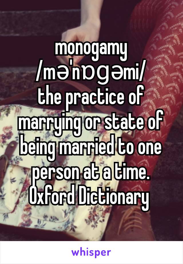 monogamy
/məˈnɒɡəmi/
the practice of marrying or state of being married to one person at a time.
Oxford Dictionary 
