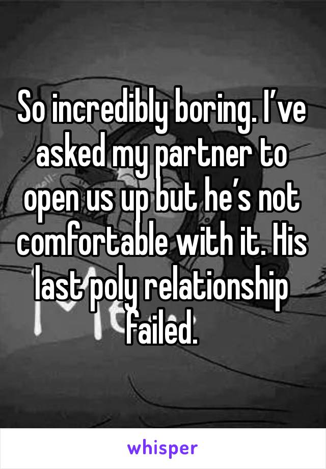 So incredibly boring. I’ve asked my partner to open us up but he’s not comfortable with it. His last poly relationship failed. 