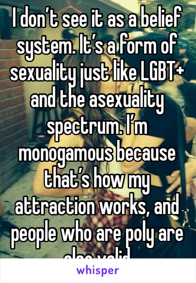 I don’t see it as a belief system. It’s a form of sexuality just like LGBT+ and the asexuality spectrum. I’m monogamous because that’s how my attraction works, and people who are poly are also valid