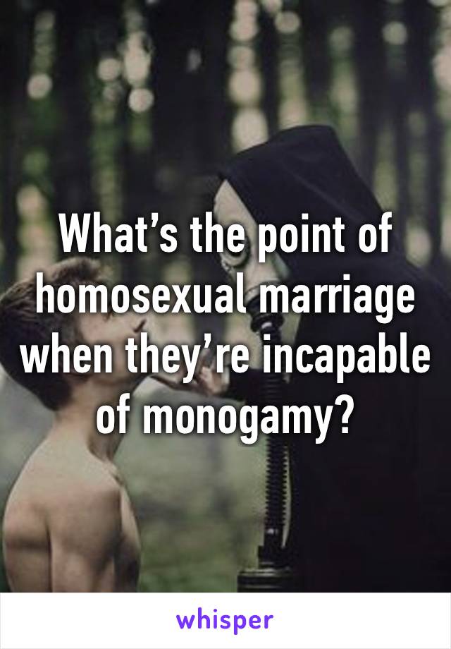 What’s the point of homosexual marriage when they’re incapable of monogamy?