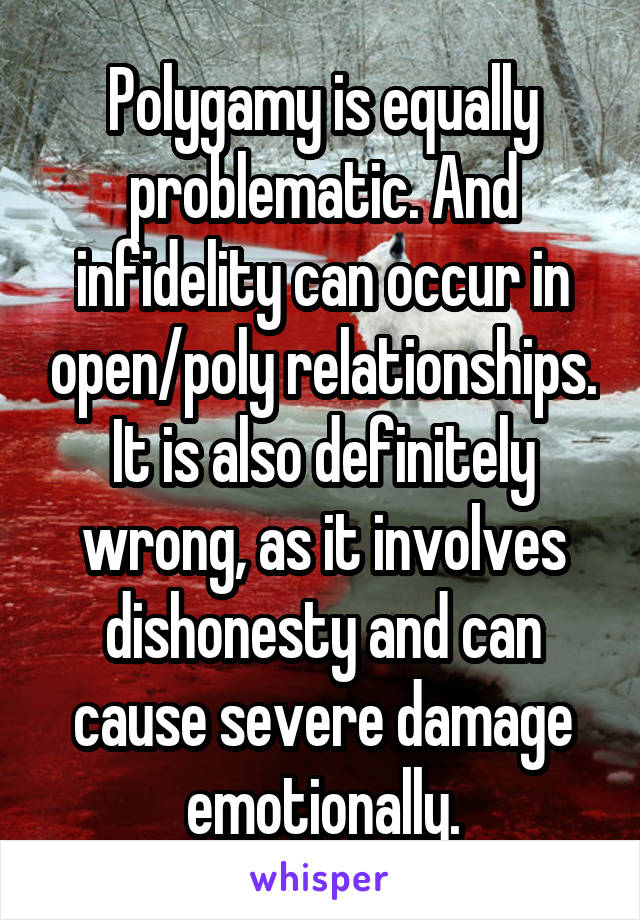 Polygamy is equally problematic. And infidelity can occur in open/poly relationships. It is also definitely wrong, as it involves dishonesty and can cause severe damage emotionally.