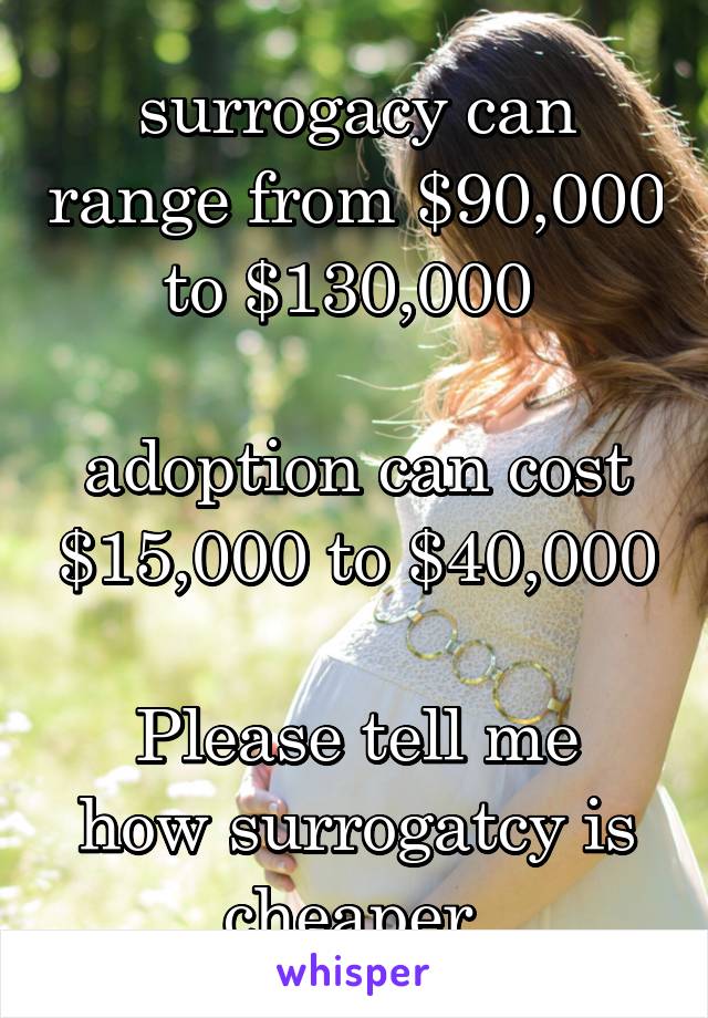 surrogacy can range from $90,000 to $130,000 

adoption can cost $15,000 to $40,000

Please tell me how surrogatcy is cheaper.