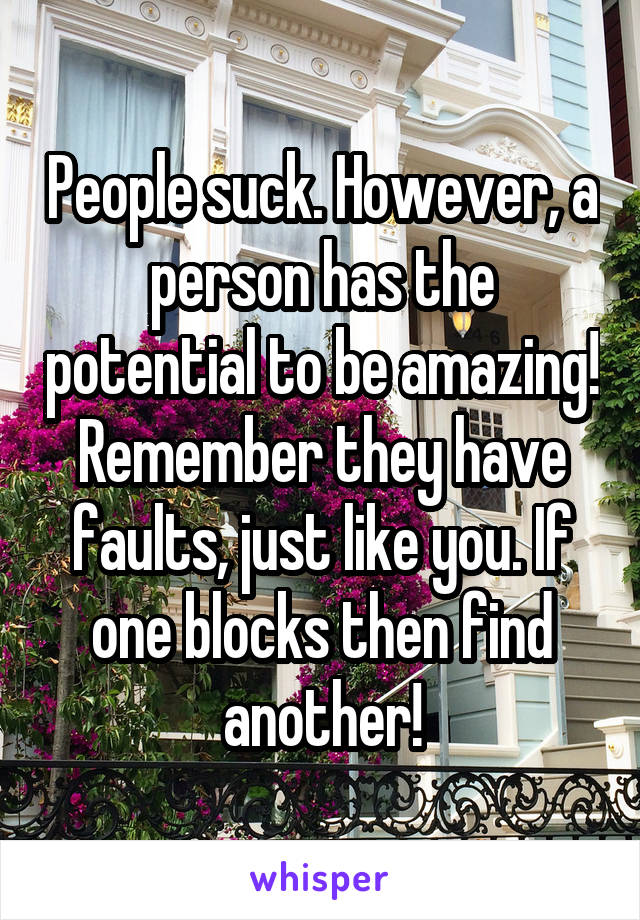 People suck. However, a person has the potential to be amazing!
Remember they have faults, just like you. If one blocks then find another!