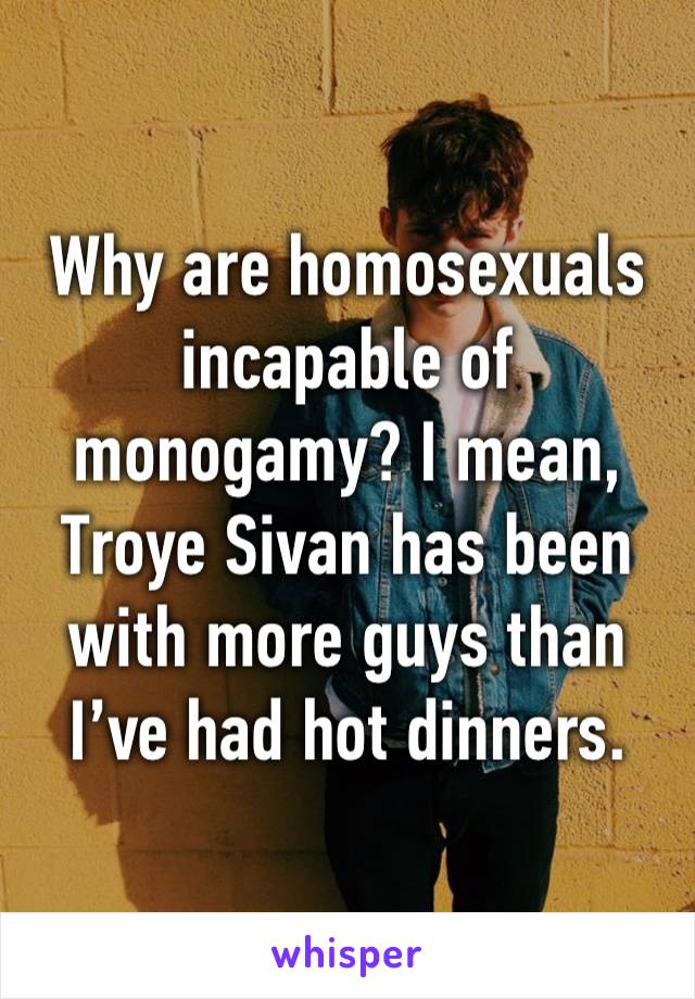 Why are homosexuals incapable of monogamy? I mean, Troye Sivan has been with more guys than I’ve had hot dinners.