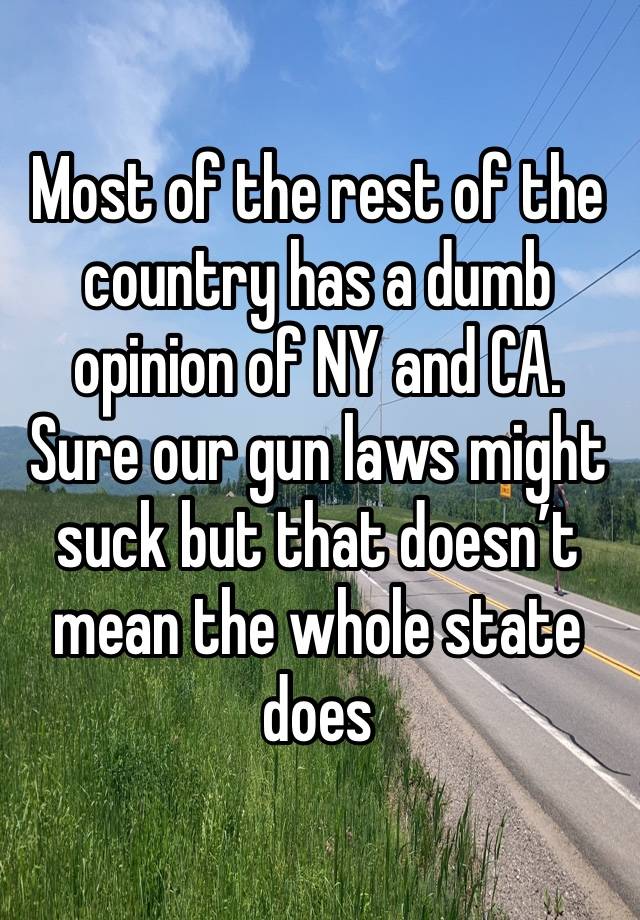 Most of the rest of the country has a dumb opinion of NY and CA. Sure our gun laws might suck but that doesn’t mean the whole state does 