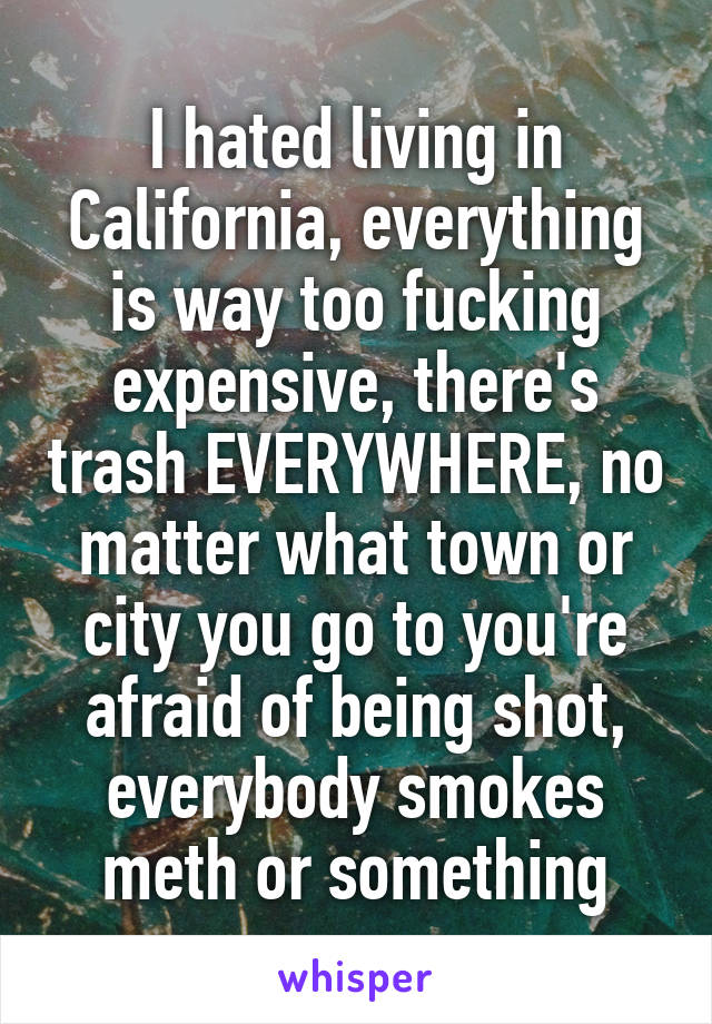 I hated living in California, everything is way too fucking expensive, there's trash EVERYWHERE, no matter what town or city you go to you're afraid of being shot, everybody smokes meth or something