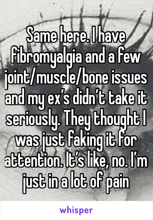 Same here. I have fibromyalgia and a few joint/muscle/bone issues and my ex’s didn’t take it seriously. They thought I was just faking it for attention. It’s like, no. I’m just in a lot of pain 