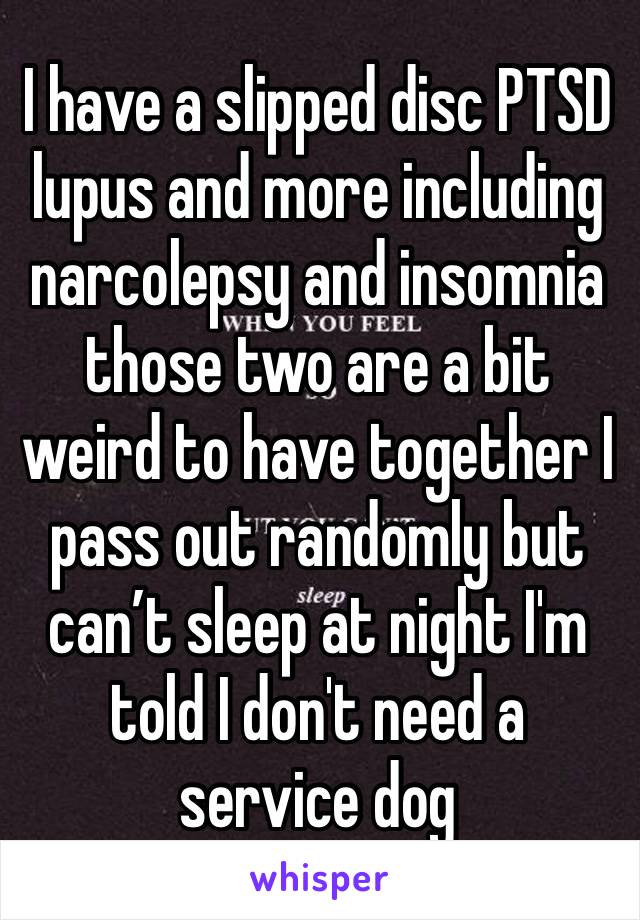 I have a slipped disc PTSD lupus and more including narcolepsy and insomnia those two are a bit weird to have together I pass out randomly but can’t sleep at night I'm told I don't need a service dog