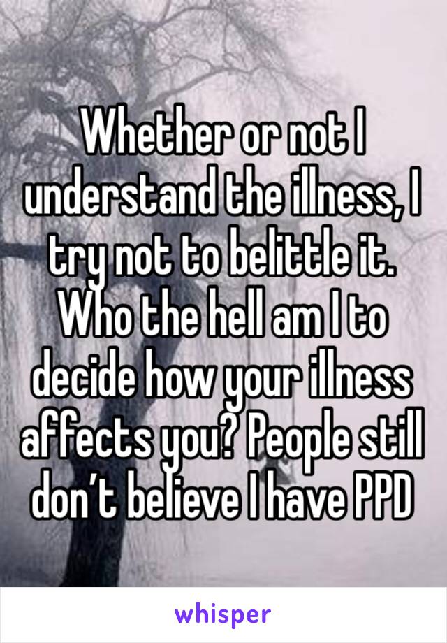 Whether or not I understand the illness, I try not to belittle it. Who the hell am I to decide how your illness affects you? People still don’t believe I have PPD