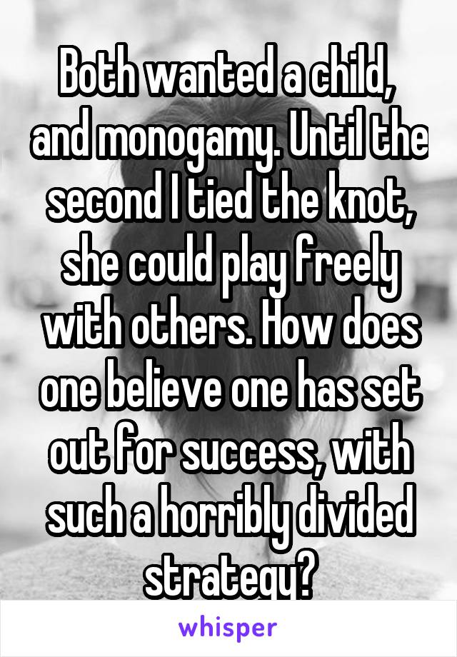 Both wanted a child,  and monogamy. Until the second I tied the knot, she could play freely with others. How does one believe one has set out for success, with such a horribly divided strategy?