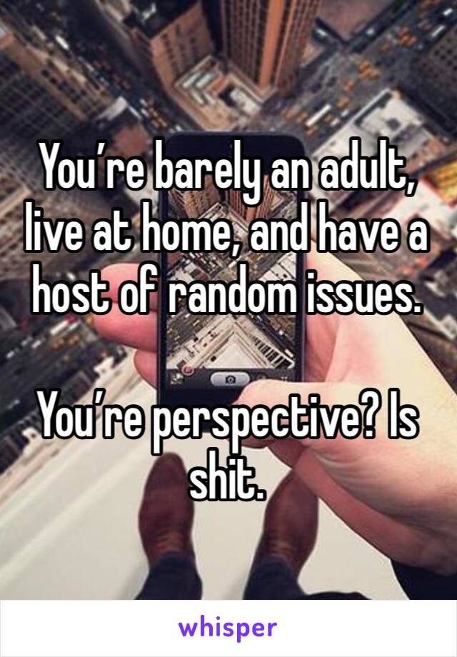 You’re barely an adult, live at home, and have a host of random issues. 

You’re perspective? Is shit.