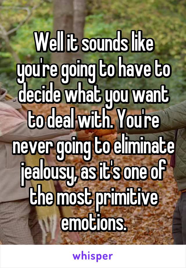 Well it sounds like you're going to have to decide what you want to deal with. You're never going to eliminate jealousy, as it's one of the most primitive emotions.