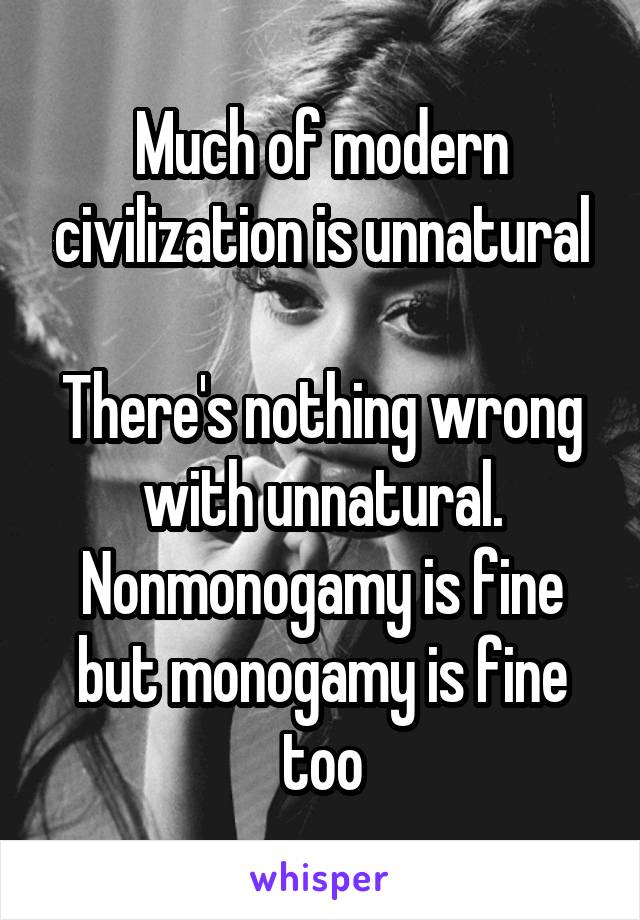 Much of modern civilization is unnatural

There's nothing wrong with unnatural. Nonmonogamy is fine but monogamy is fine too