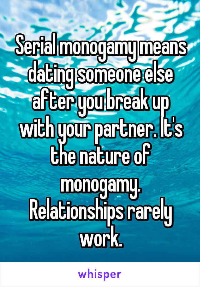 Serial monogamy means dating someone else after you break up with your partner. It's the nature of monogamy.
Relationships rarely work.