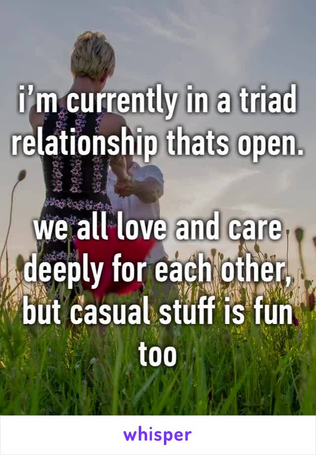 i’m currently in a triad relationship thats open.

we all love and care deeply for each other, but casual stuff is fun too 