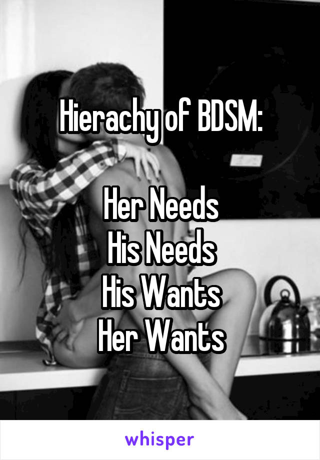 Hierachy of BDSM:

Her Needs
His Needs
His Wants
Her Wants