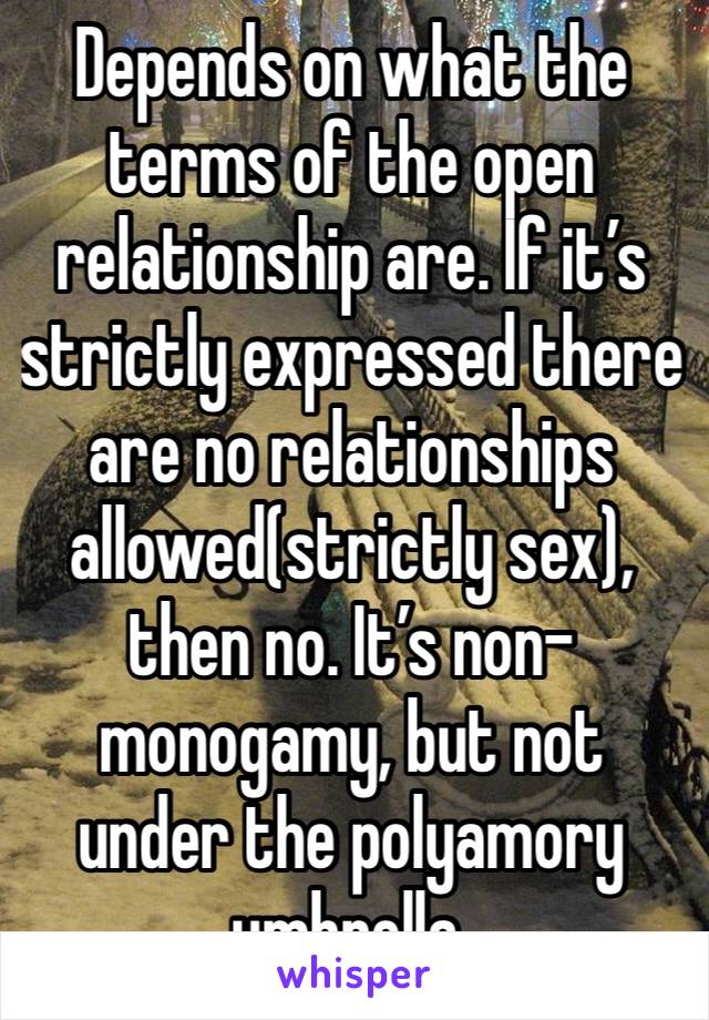 Depends on what the terms of the open relationship are. If it’s strictly expressed there are no relationships allowed(strictly sex), then no. It’s non-monogamy, but not under the polyamory umbrella.