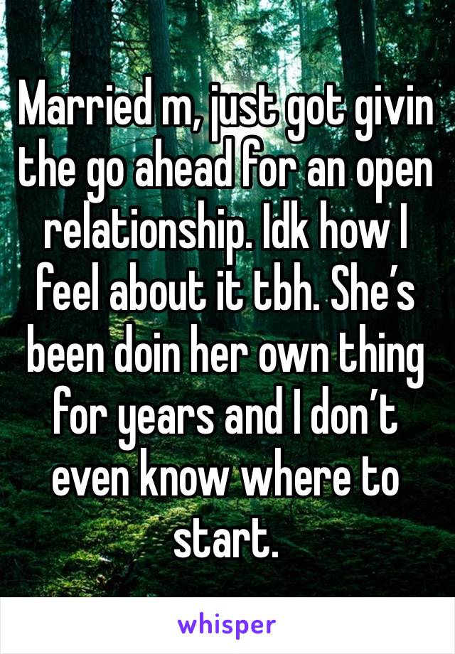 Married m, just got givin the go ahead for an open relationship. Idk how I feel about it tbh. She’s been doin her own thing for years and I don’t even know where to start. 