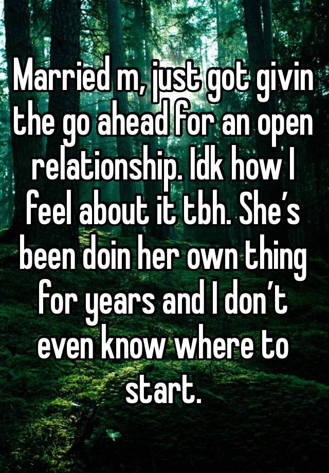 Married m, just got givin the go ahead for an open relationship. Idk how I feel about it tbh. She’s been doin her own thing for years and I don’t even know where to start. 