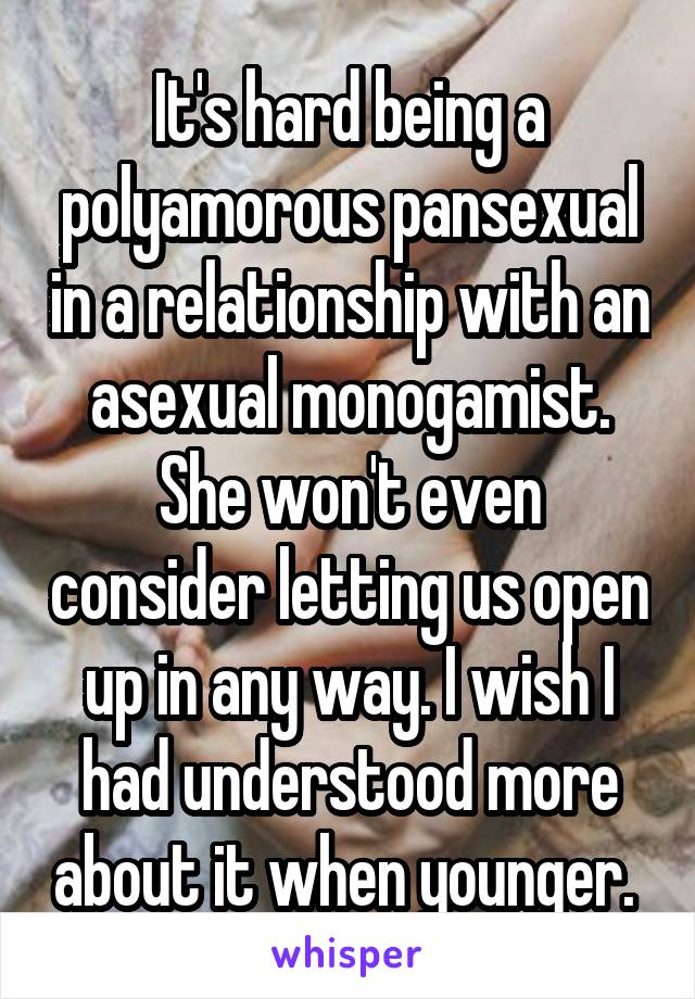 It's hard being a polyamorous pansexual in a relationship with an asexual monogamist. She won't even consider letting us open up in any way. I wish I had understood more about it when younger. 