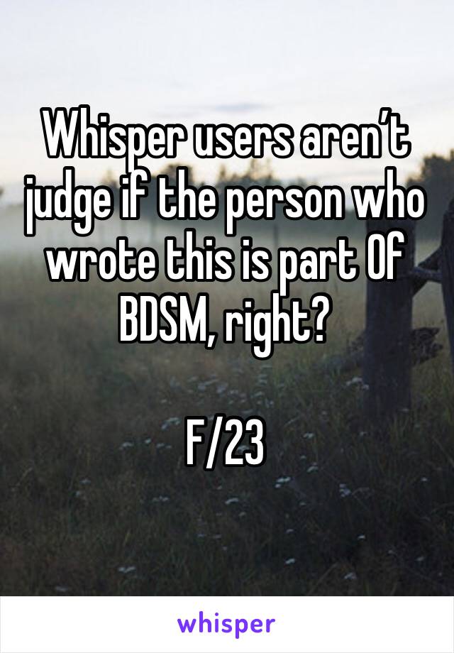 Whisper users aren’t judge if the person who wrote this is part Of BDSM, right?

F/23
