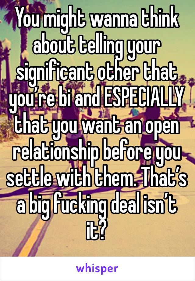 You might wanna think about telling your significant other that you’re bi and ESPECIALLY that you want an open relationship before you settle with them. That’s a big fucking deal isn’t it?
