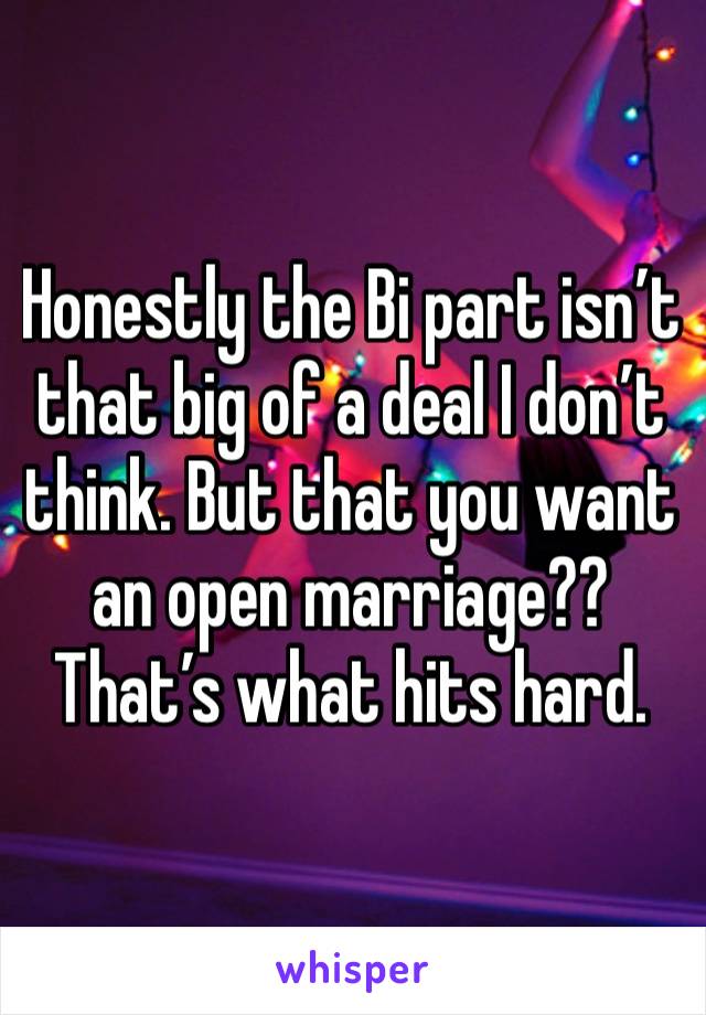 Honestly the Bi part isn’t that big of a deal I don’t think. But that you want an open marriage?? That’s what hits hard.