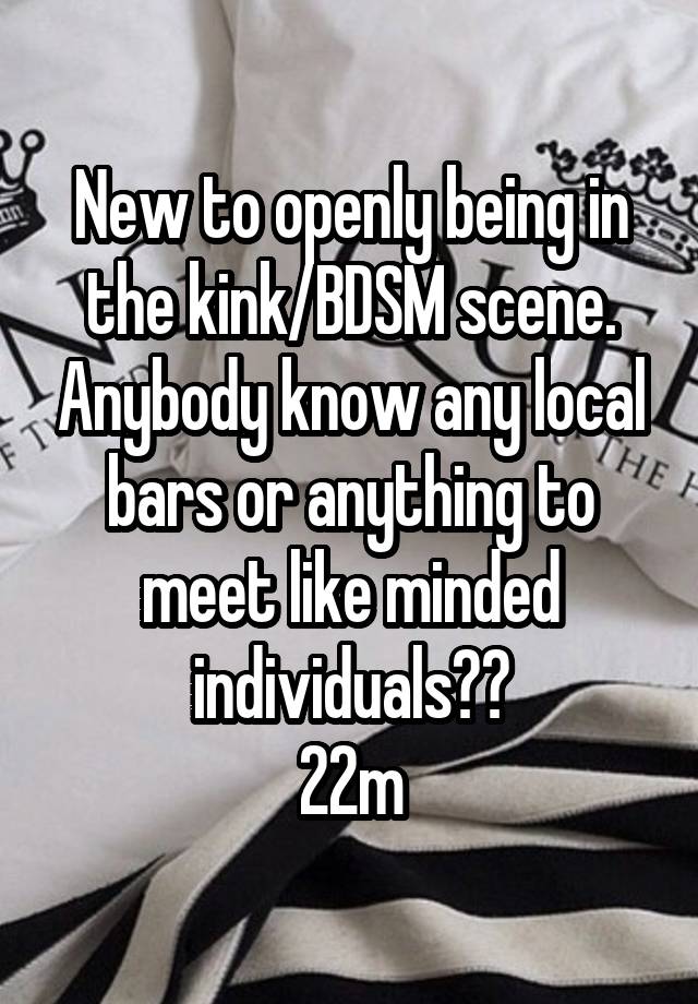  New to openly being in the kink/BDSM scene. Anybody know any local bars or anything to meet like minded individuals??
22m