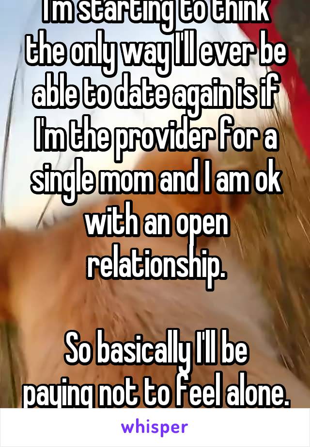 I'm starting to think the only way I'll ever be able to date again is if I'm the provider for a single mom and I am ok with an open relationship.

So basically I'll be paying not to feel alone. FML